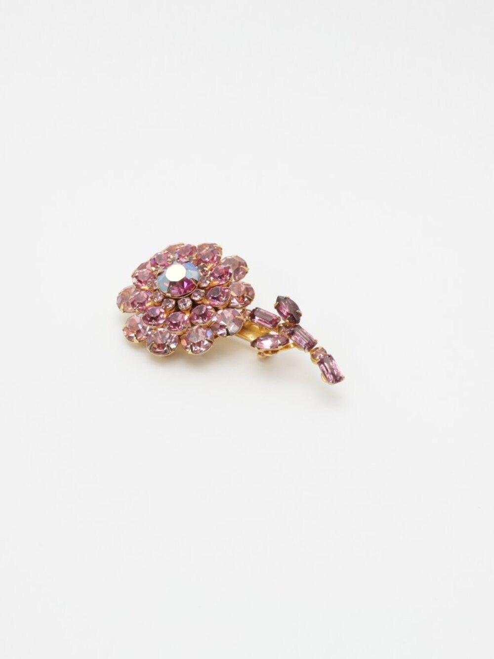 Vintage Signed Judy Lee Pink Domed Shades of Pink Rhinestone Flower Brooch Stem